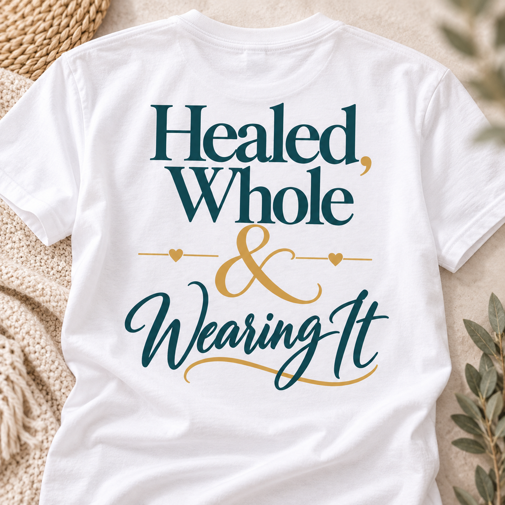 White Healed, Whole & Wearing It Signature Tee, design detail