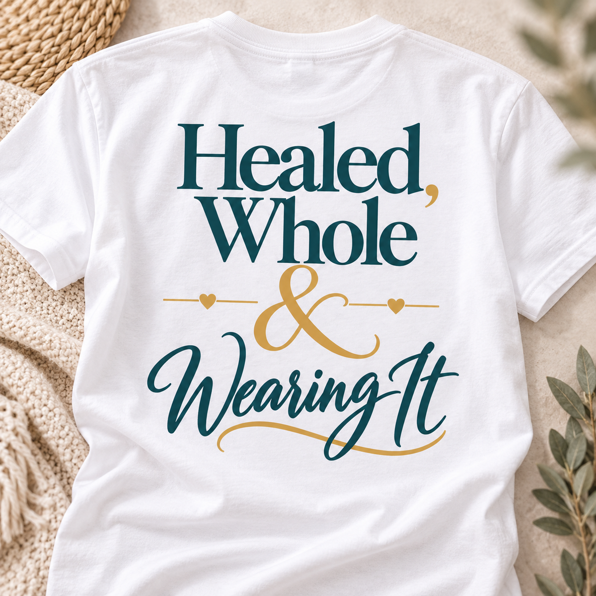 White Healed, Whole & Wearing It Signature Tee, design detail