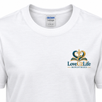 White LoveU2Life Ministries Signature Tee, front design detail