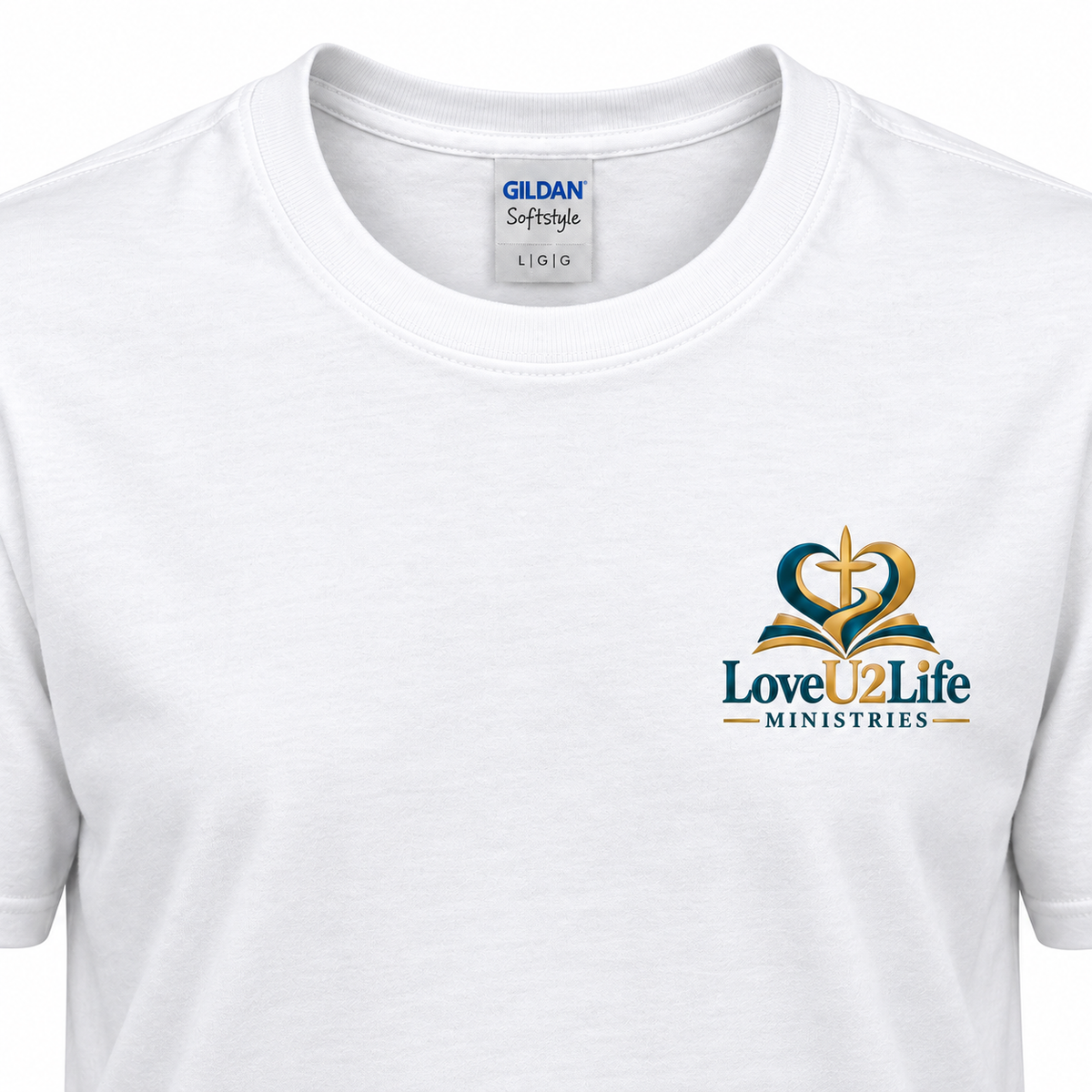 White LoveU2Life Ministries Signature Tee, front design detail