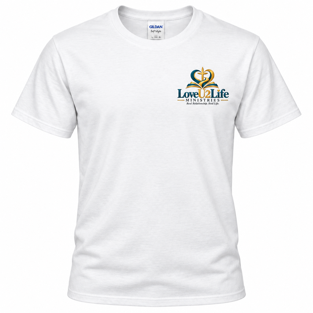 White LoveU2Life Ministries signature tee, back product view