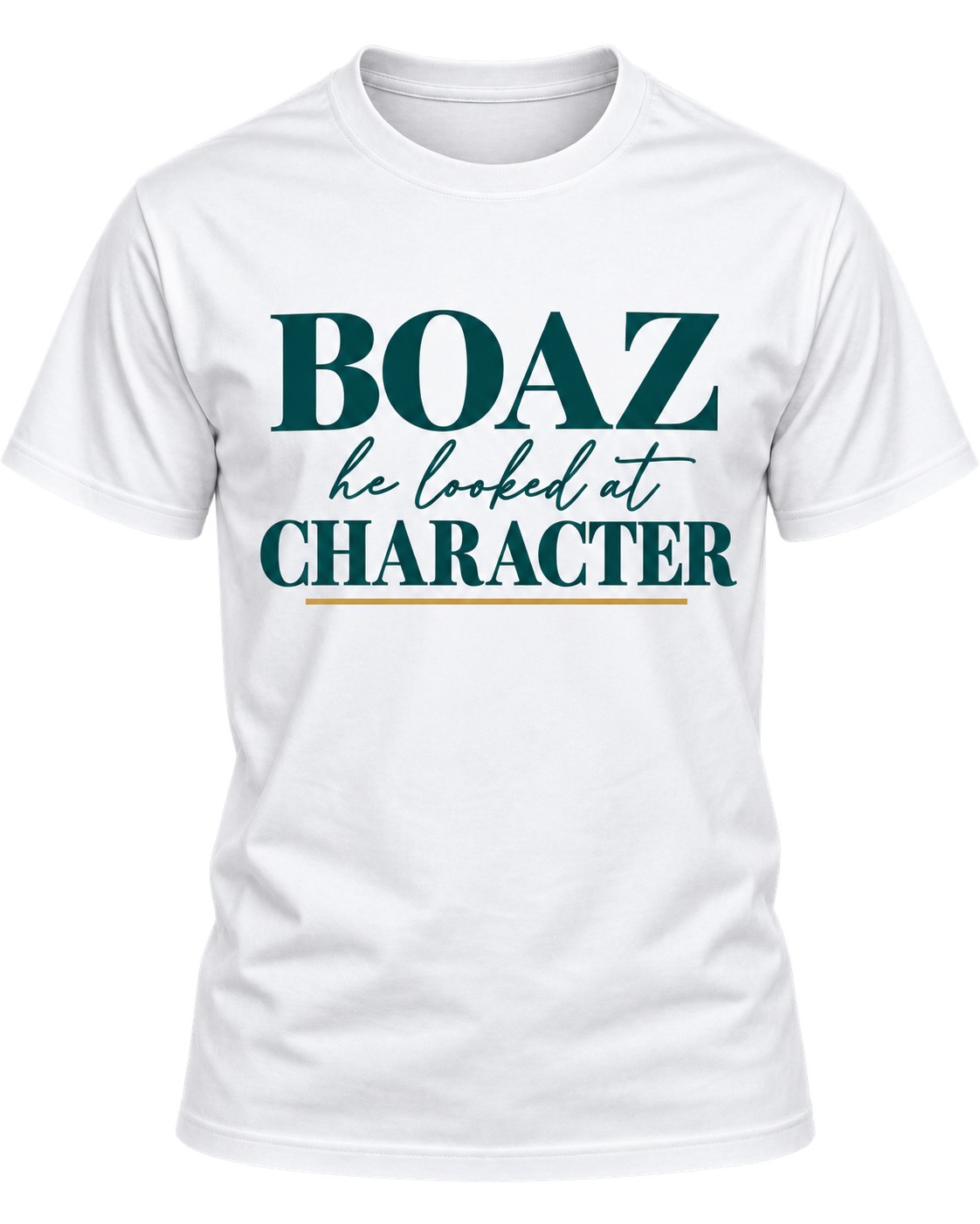 BOAZ He Looked at Character tee, white shirt with LoveU2Life teal print, front view