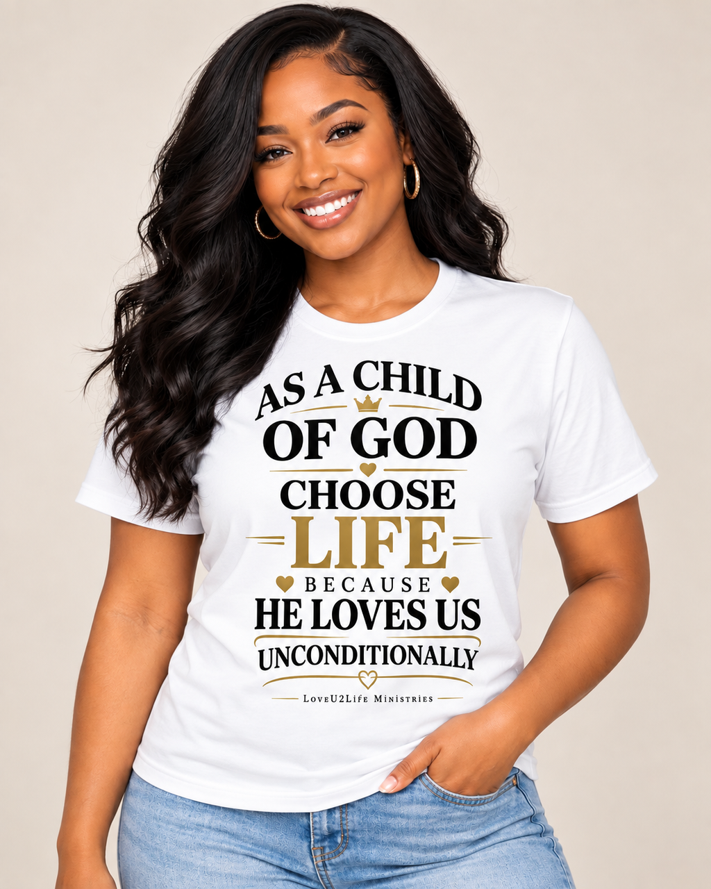 White | Black woman modeling the Child of God Tee