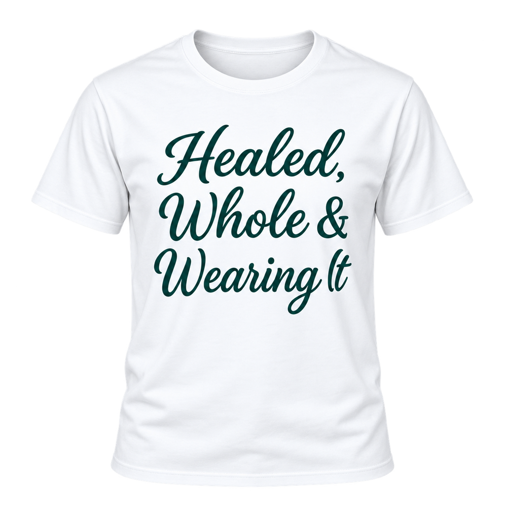 Healed, Whole & Wearing It Classic Tee in white with teal print, front view