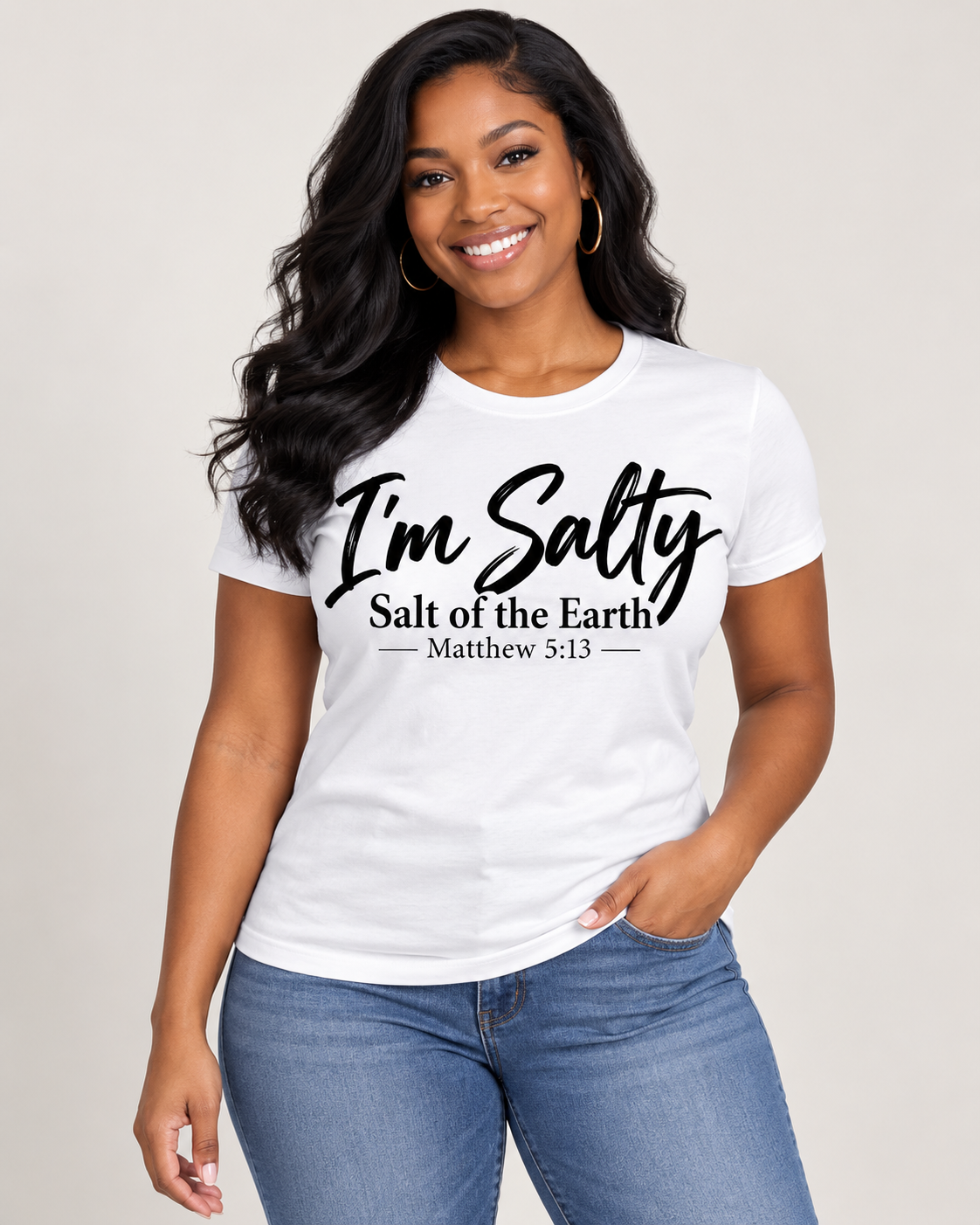 Black woman modeling the I’m Salty Tee in white, front view