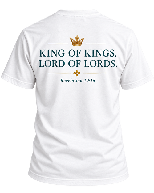 LoveU2Life Jesus King of Kings tee in white, back view with Revelation 19:16