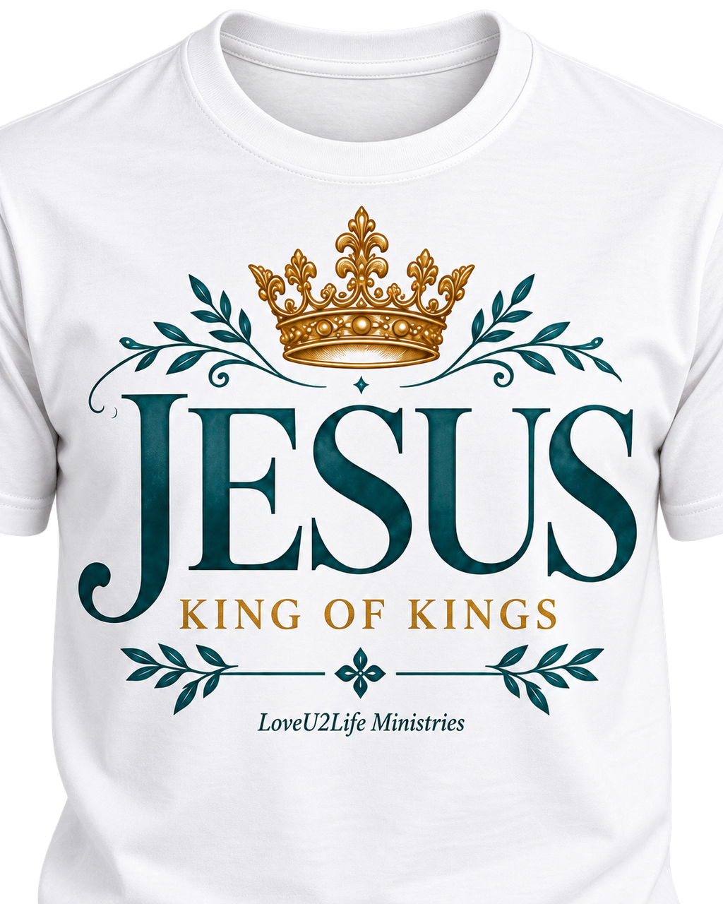 Close-up of the Jesus King of Kings front design in teal and gold
