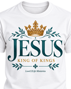 Close-up of the Jesus King of Kings front design in teal and gold