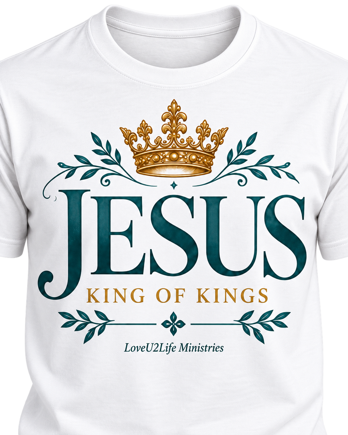 Close-up of the Jesus King of Kings front design in teal and gold