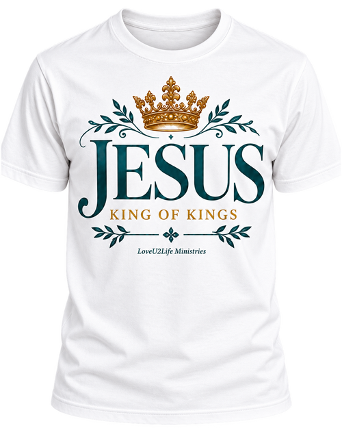 LoveU2Life Jesus King of Kings tee in white, front view