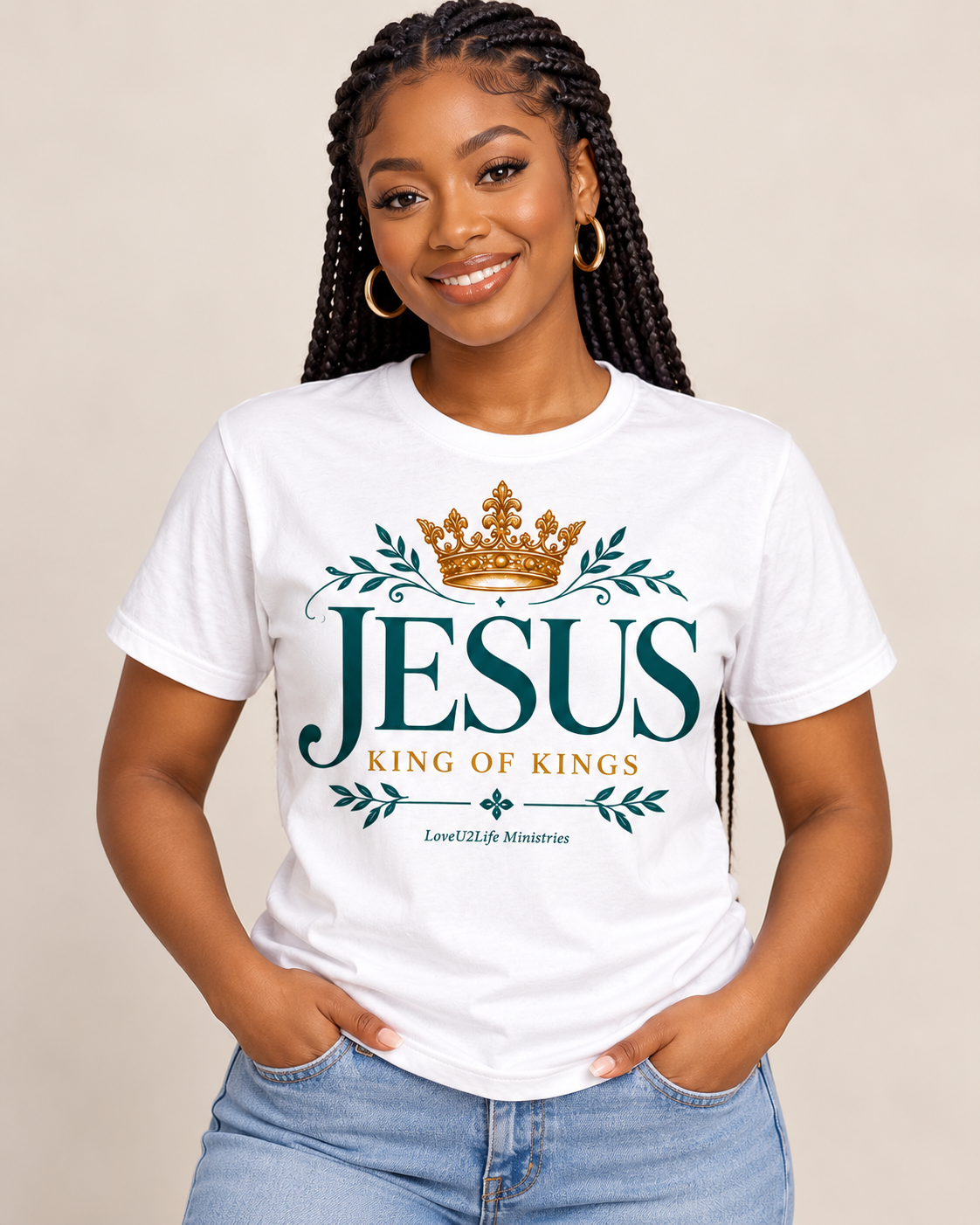 Model with braids wearing the white LoveU2Life Jesus King of Kings tee