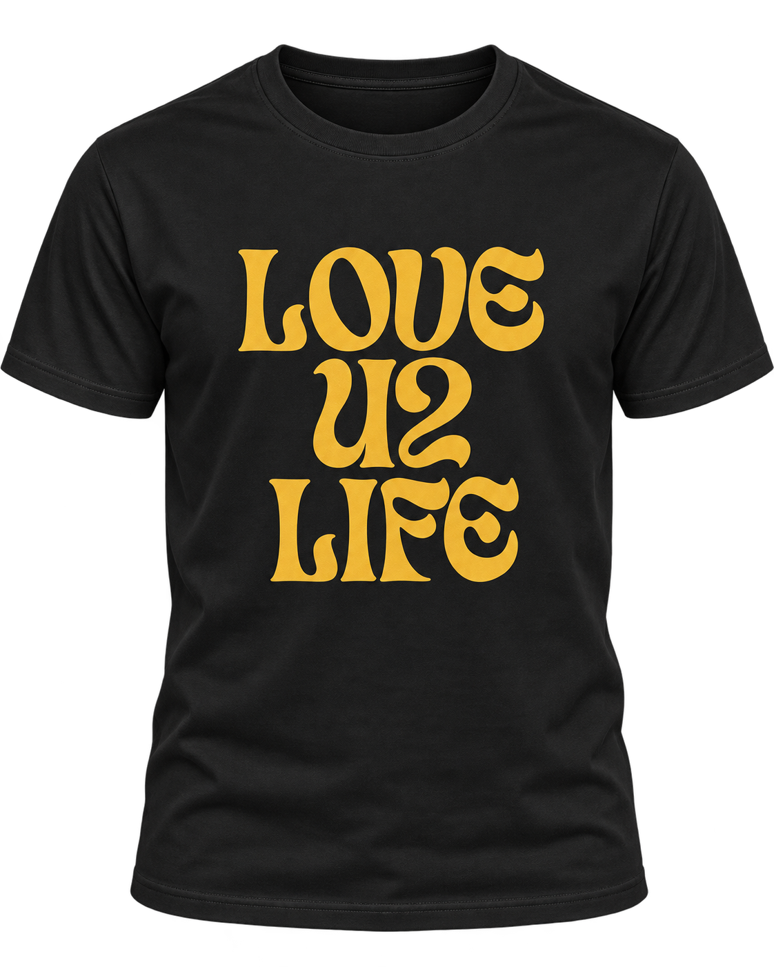 Love U2 Life Retro Tee, black shirt with gold print