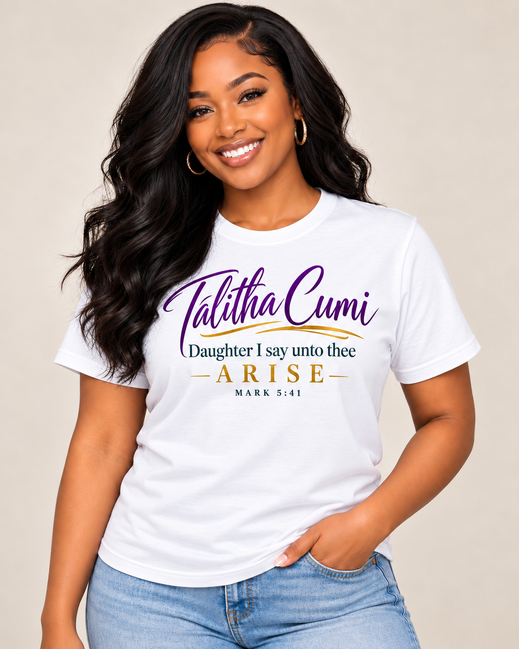 Black woman modeling the Talitha Cumi Tee in white, front view