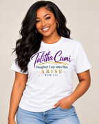 Black woman modeling the Talitha Cumi Tee in white, front view