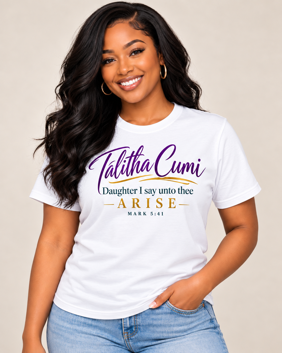 Black woman modeling the Talitha Cumi Tee in white, front view