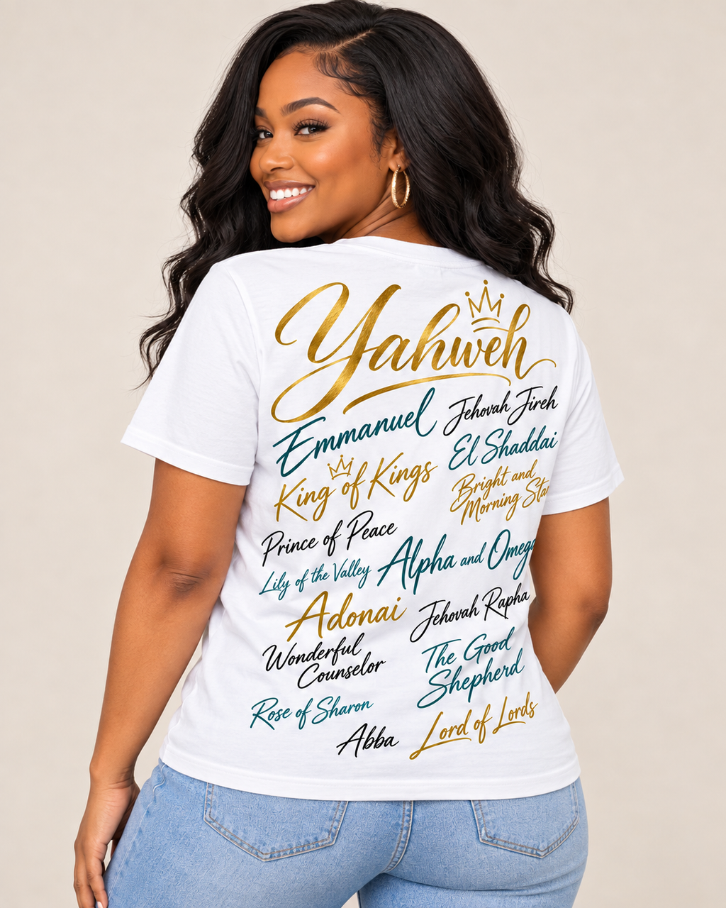 White | Model wearing Yahweh Known by Many Names Tee back view