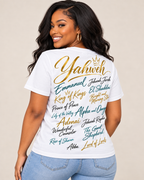 White | Model wearing Yahweh Known by Many Names Tee back view