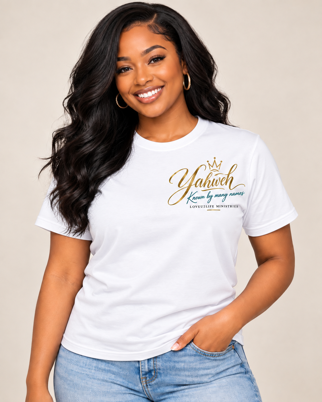 White | Model wearing Yahweh Known by Many Names Tee front view