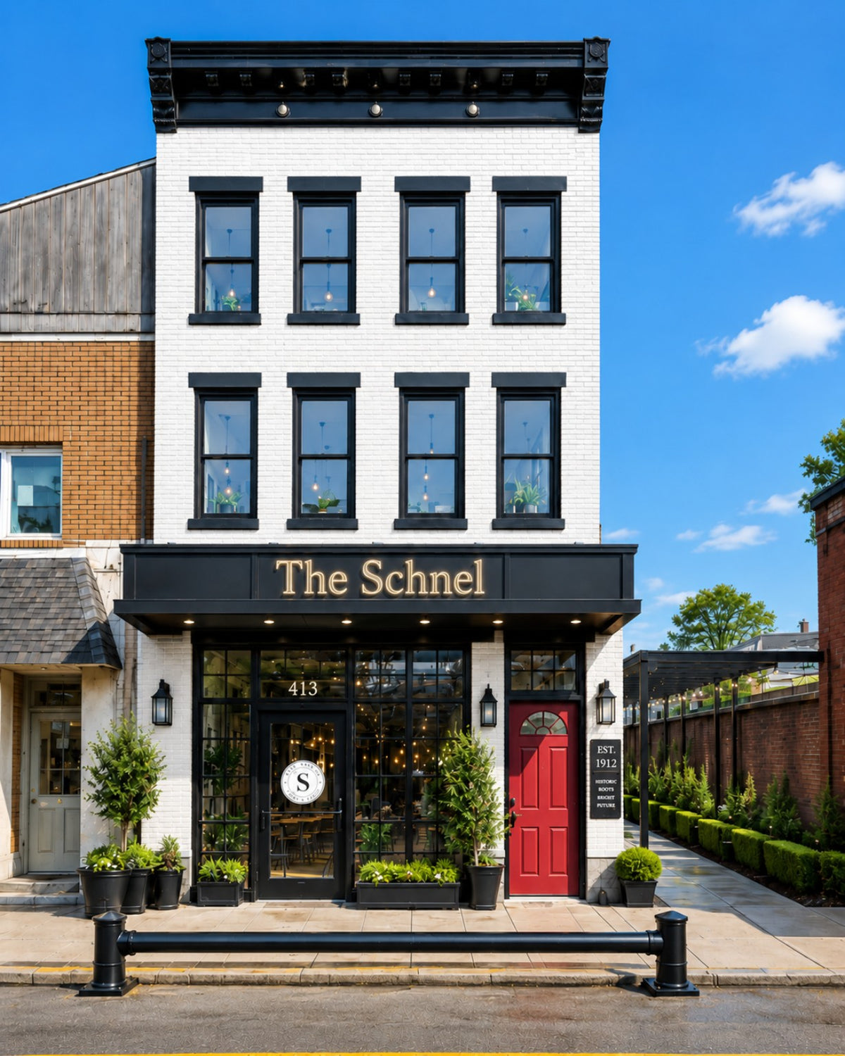 Future architectural concept for The Schnel hotel showing a white-brick facade, black-trimmed windows and red side entrance; not a photograph of current conditions