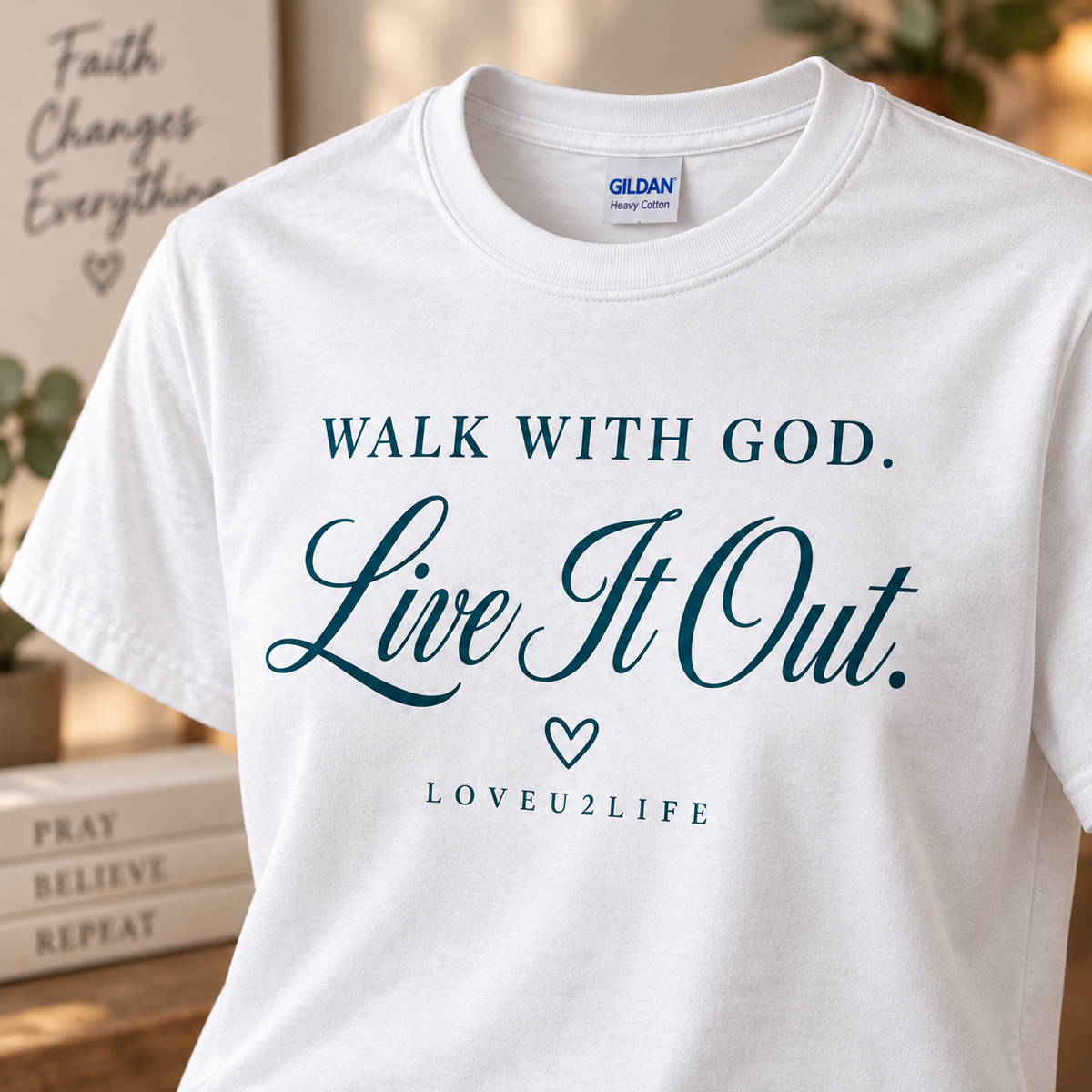 White Walk With God, Live It Out Classic Tee, design detail
