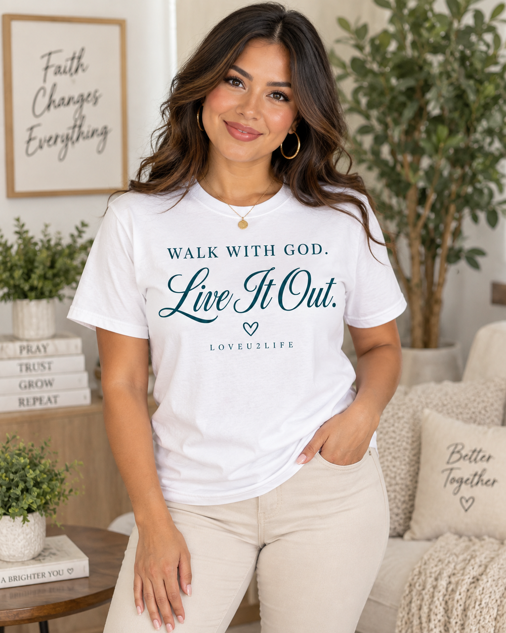 Model wearing the white Walk With God, Live It Out Classic Tee