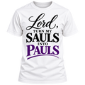White District DM130 tee, front view with Lord, Turn My Sauls Into Pauls black and purple print