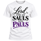White District DM130 tee, front view with Lord, Turn My Sauls Into Pauls black and purple print
