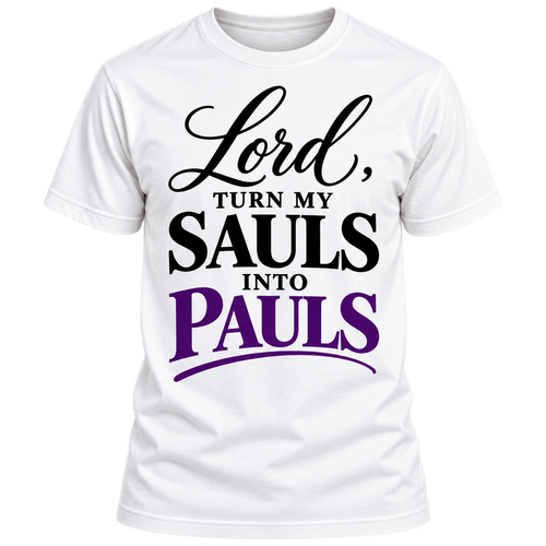 White District DM130 tee, front view with Lord, Turn My Sauls Into Pauls black and purple print