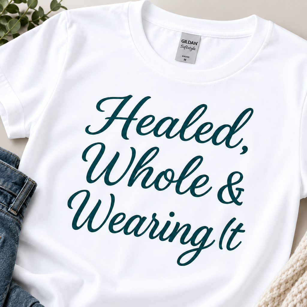 White Healed, Whole & Wearing It Classic Tee, design detail