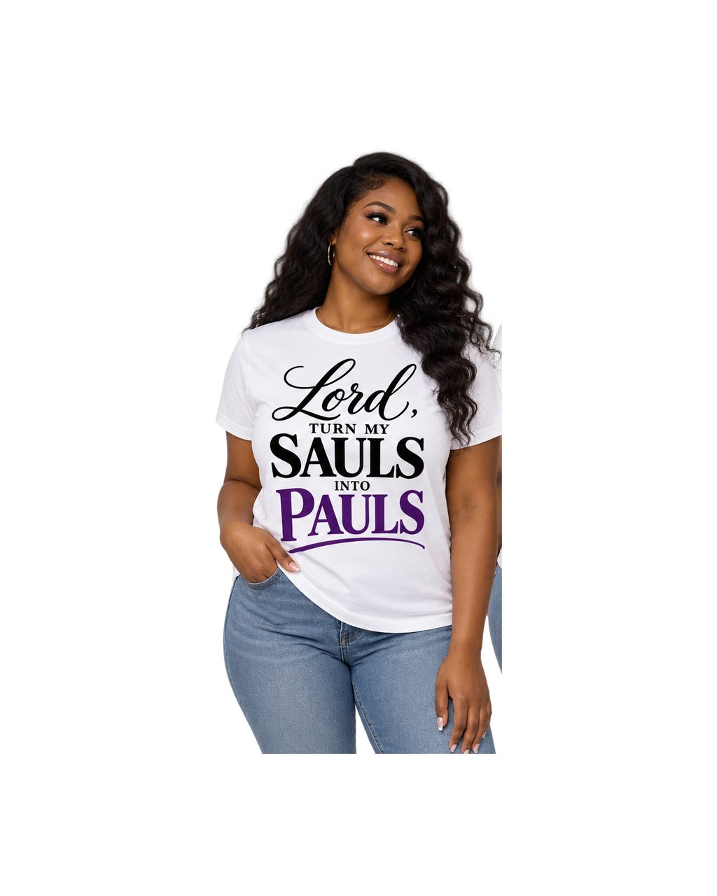 Black female model with wavy hair wearing white Lord Turn My Sauls Into Pauls tee