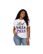 Black female model with wavy hair wearing white Lord Turn My Sauls Into Pauls tee