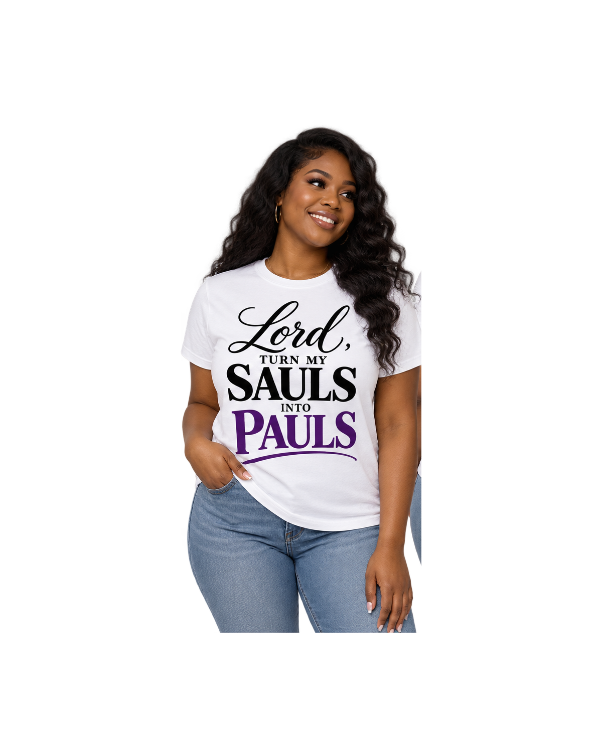 Black female model with wavy hair wearing white Lord Turn My Sauls Into Pauls tee